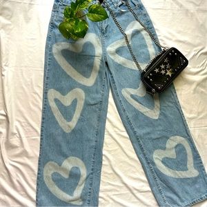 BLUE JEAN HEART PRINT WIDE LEG PANTS